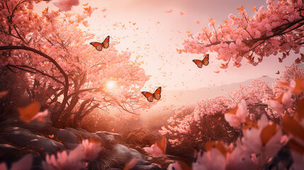 dreamy and whimsical image of a pink sakura flower garden in full bloom, with graceful butterflies flitting around. Widescreen wallpaper background. Generative AI