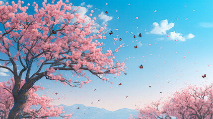 dreamy and whimsical image of a pink sakura flower garden in full bloom, with graceful butterflies flitting around. Widescreen wallpaper background. Generative AI