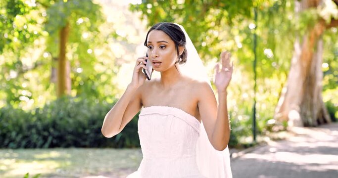 Crying, talking and a woman on a phone call in a wedding dress for marriage fail and anger. Sad, communication and a bride speaking on a mobile for marital problem, stress or relationship conflict
