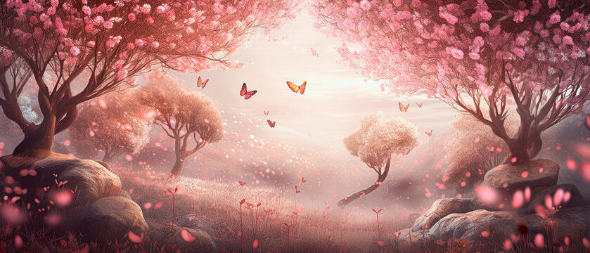 dreamy and whimsical image of a pink sakura flower garden in full bloom, with graceful butterflies flitting around. Widescreen wallpaper background. Generative AI