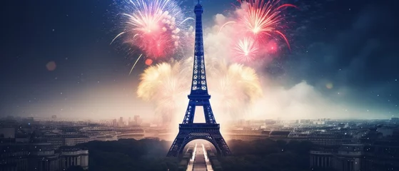 Fotobehang Eiffel Tower with fireworks in the colors of the French flag at night. Bastille Day. Iconic landmark of Paris. Generative AI © David