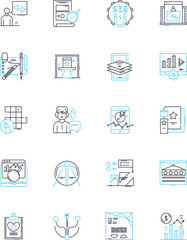 Communications agency linear icons set. Branding, Marketing, Advertising, Publicity, Media, Strategy, Nerking line vector and concept signs. Collaborate,Messaging,Storytelling outline illustrations