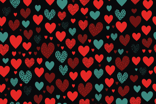 seamless pattern with red and blue hearts in black background
