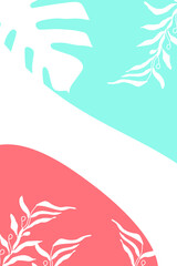 Summer bright abstract background for the banner. Vertical. With plants, palm leaves, dots. Design for phone wallpapers, posters. postcards. Vector illustration.