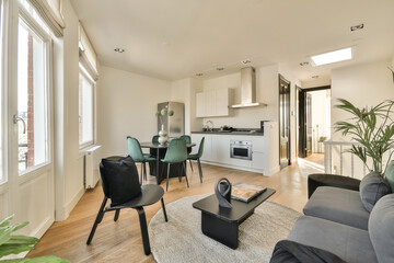 a living room with couch, coffee table, and kitchen in the back wall is open to the dining area
