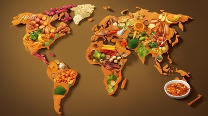 Food from many countries, parts of the world, representing diverse cuisines and cultures. Map world food. Generative AI