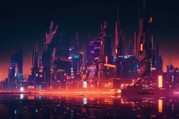 Obraz na płótnie Canvas Sci-fi City Skyline with Pink and Yellow Neon lights. Night scene with Advanced Superstructures. Generative AI
