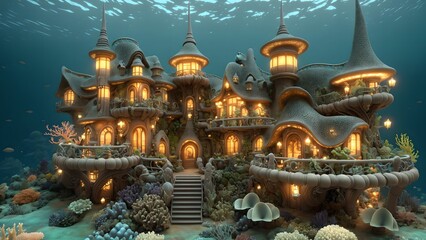 Obraz premium Landscape of an fairytale Art Nouveau style underwater village at the bottom of the ocean - Generative AI Illustration