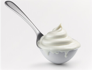 A spoon with a white yogurt on it