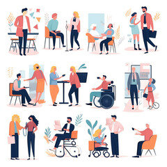 Business people illustration set. Diverse characters and persons with disability working together at office. People talking with colleagues and planning financial strategy. Generative ai.