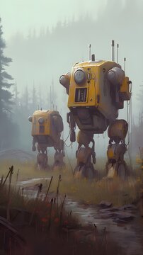 Digital painting of a rusty robot in a foggy forest, illustration, Generative Ai