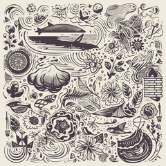Fashionable doodles and abstract nature icons, set graphics, illustration, intricate various subjects. Generative ai.