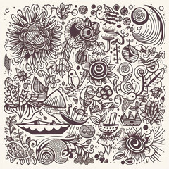 Fashionable doodles and abstract nature icons, set graphics, illustration, intricate various subjects. Generative ai.