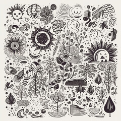 Fashionable doodles and abstract nature icons, set graphics, illustration, intricate various subjects. Generative ai.