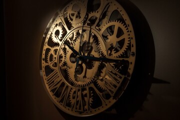 a close up of a clock with gears on it's face and a shadow on the wall behind it. Generative AI