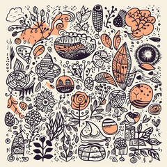 Fashionable doodles and abstract nature icons, set graphics, illustration, intricate various subjects. Generative ai.