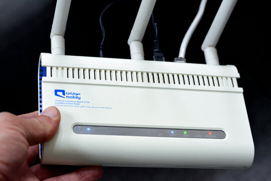 Cairo, Egypt, April 8 2023: A broadband wireless wifi and LAN router for high speed internet of Mobily Etisalat Saudi Arabia, Home broadband internet, Etihad Etisalat (Mobily) is a Saudi company