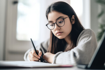 Young woman student doing homework. High quality generative ai