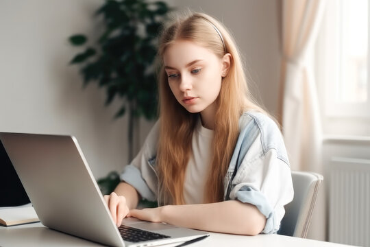 Young woman student using laptop computer at home studying online. Distance study, work from home, e-learning or business meeting online. High quality generative ai