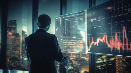 Finance trade manager analysing stock market indicators for best investment strategy, financial data and charts with business buildings in background, futuristic style. Generative ai.