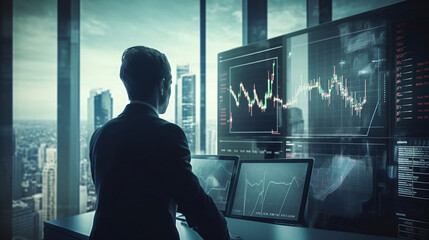 Finance trade manager analysing stock market indicators for best investment strategy, financial data and charts with business buildings in background, futuristic style. Generative ai.