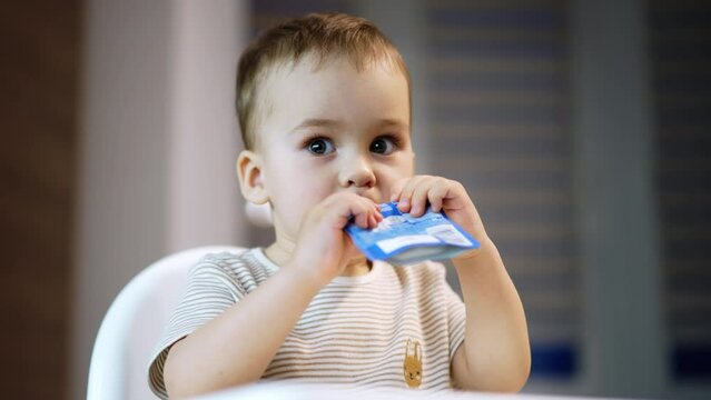 Beautiful toddler consuming factory produced fruit puree. Baby boy eats organic food from doy pack. Close up. Blurred backdrop.