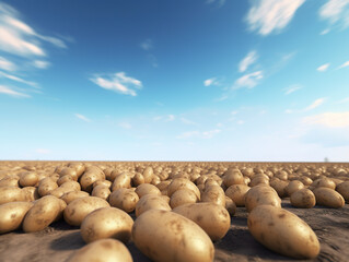 A field of potatoes with a blue sky in the background. Harvesting potatoes on the ground. 3D realistic illustration. Generative AI