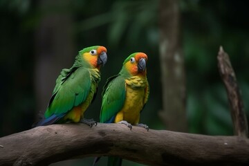 Fototapeta na wymiar A pair of parrots on forest. Generative AI