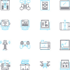 Parallel computing linear icons set. Concurrency, Multithreading, Distributed, Cluster, GPU, SIMD, Scalability line vector and concept signs. Performance,Multicore,Cache outline illustrations