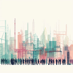 Silhouettes of development team people at construction site, bright colors. Generative AI