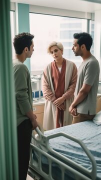 LGBTQ couple talking casually with doctor in front of a hospital bed. Generative AI