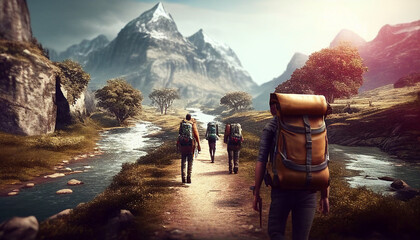 Hiker in the mountains, people going on a walking adventure for fun, Generative AI