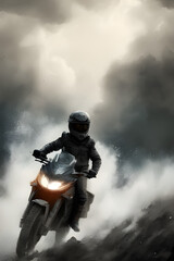 Biker traveling through the storm. Created with Generative AI technology.	