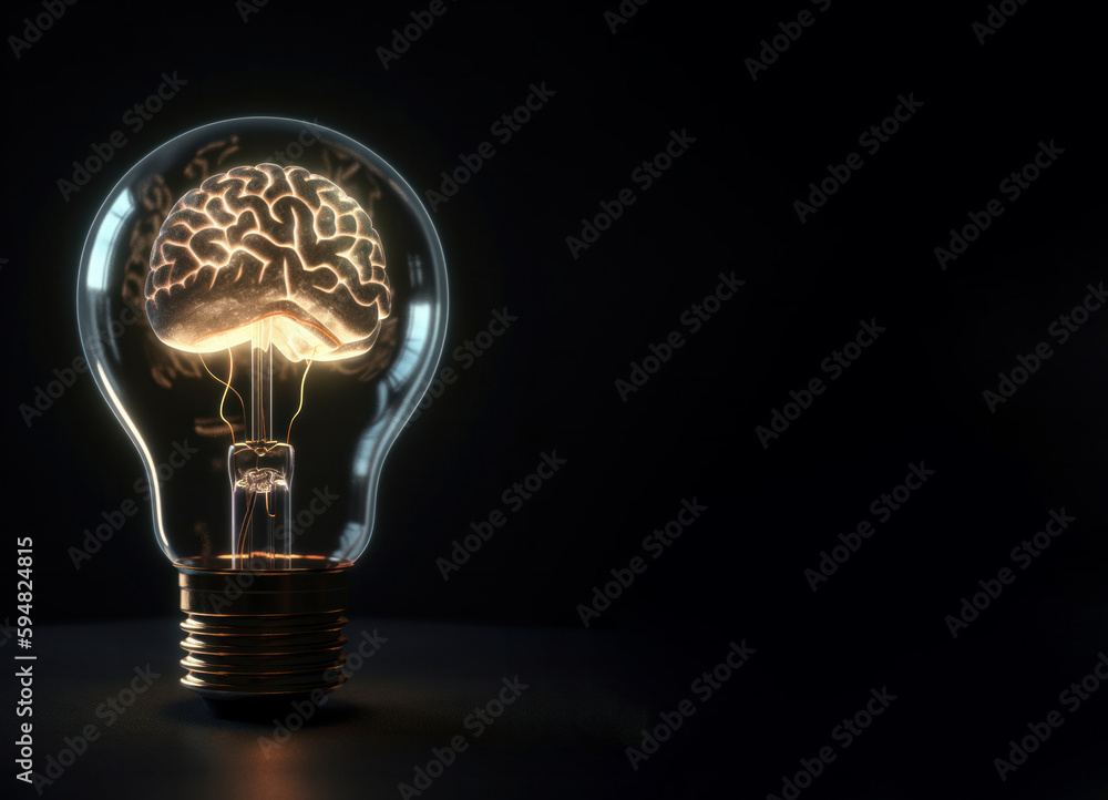 Poster a glowing brain inside a light bulb symbolizing creativity and innovation is ai generative.