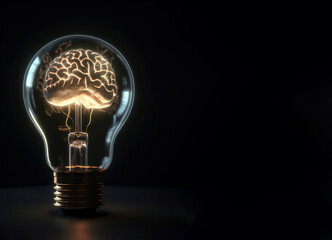 A glowing brain inside a light bulb symbolizing creativity and innovation is AI Generative.