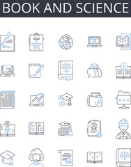 Book and science line icons collection. Volume and research, Manuscript and knowledge, Tome and physics, Publication and biology, Codex and chemistry, Dissertation and astronomy, Treatise and geology