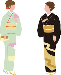 会話をする礼装（正装、黒留袖、訪問着）の着物女性のベクターイラスト　