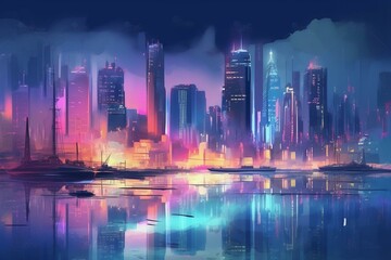 Fototapeta na wymiar digital painting of city at night with colorful lights. Generative AI