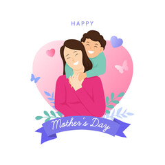 Happy Mother's Day Card. Vector illustration of kid hugging his mother with love.