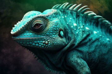 Fototapeta premium Green colored chameleon close up. AI generated, human enhanced