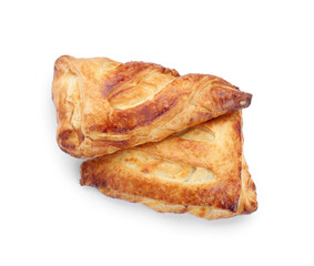 Fresh tasty puff pastry on white background, top view