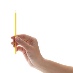 Woman holding church candle on white background, closeup