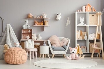 Stylish playroom interior with shelving unit and different soft toys. Generative AI