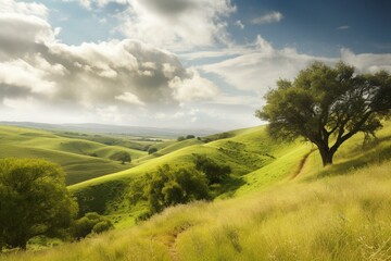 Serene countryside scene with rolling hills. Generative AI