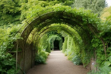 Green plant arches in english countryside garden. Generative AI
