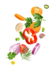 Spice mix for dish. Set of falling fresh vegetables and herbs on white background © New Africa