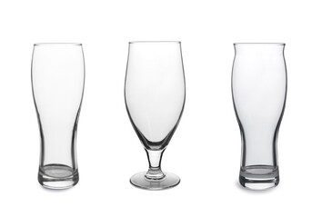 Collage with different empty glasses on white background