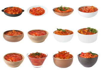 Collage of lecho in dishware on white background