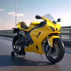 Fototapeta na wymiar Yellow motorcycle parked on highway with daytime sun. Generated Ai