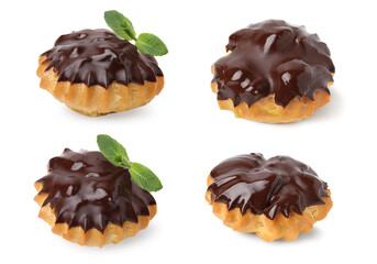 Set of delicious profiteroles covered with chocolate on white background, different sides